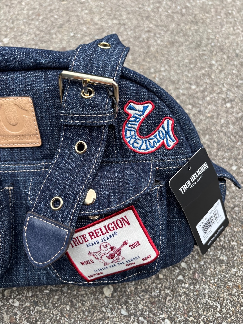 True Religion Dark Blue Denim Patchwork Purse Bag with Belt Straps - Picture 4 of 8